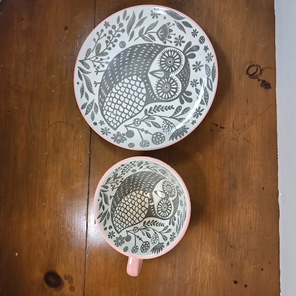 OWL SET World Market Oversized Owl Mug with Matching Saucer Hard To Find Unique - Picture 8 of 9